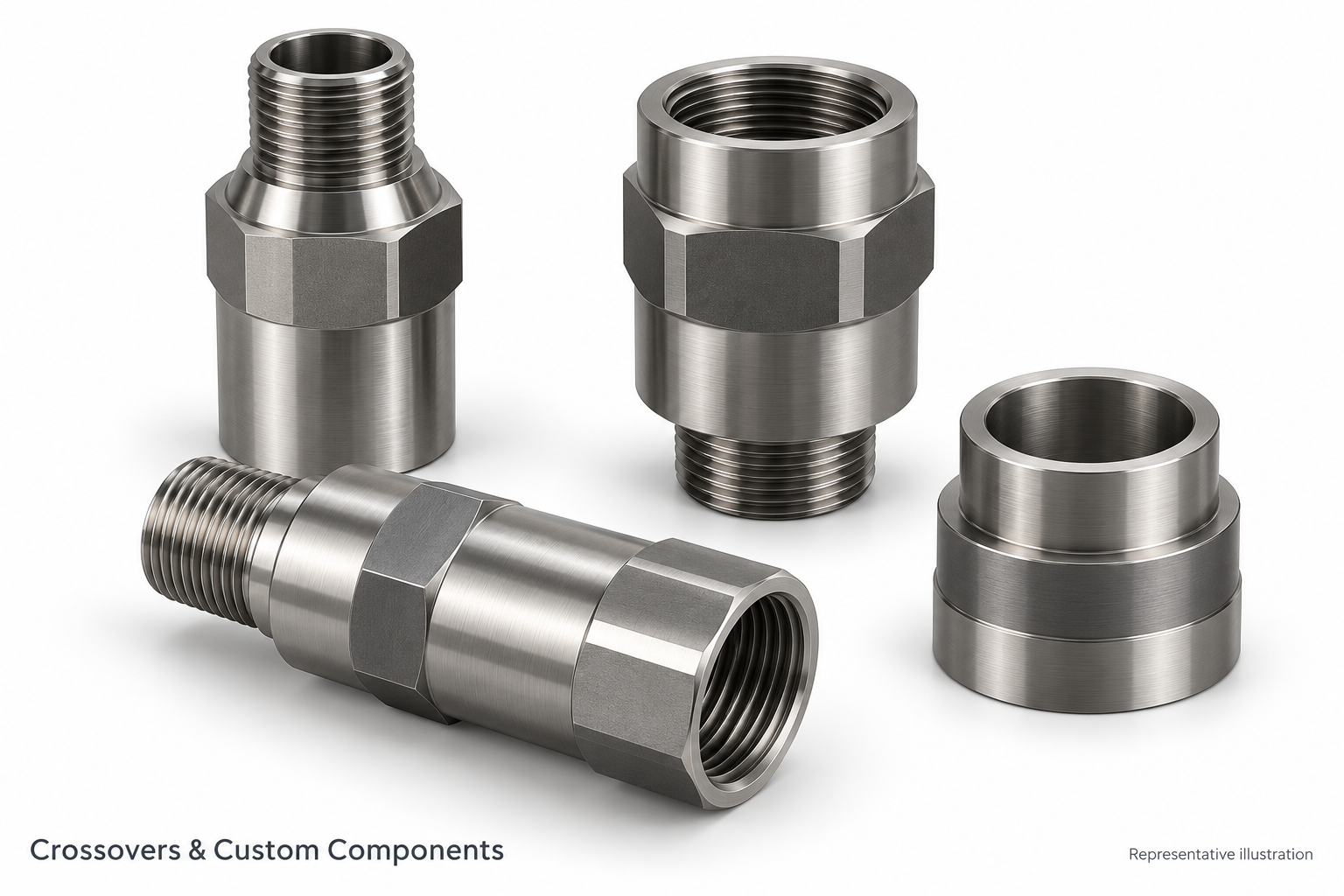 Representative threaded crossovers, adapters and custom-machined components
