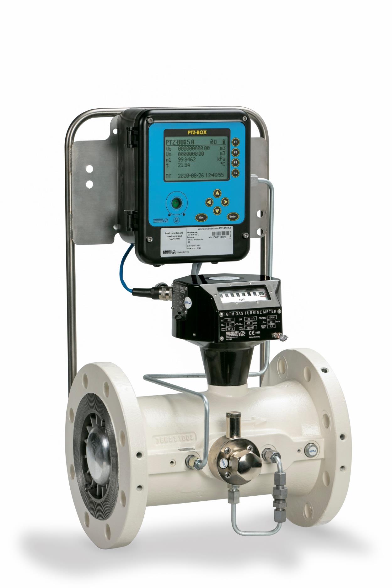 Vemmtec turbine gas meter fitted with a PTZ-BOX volume corrector
